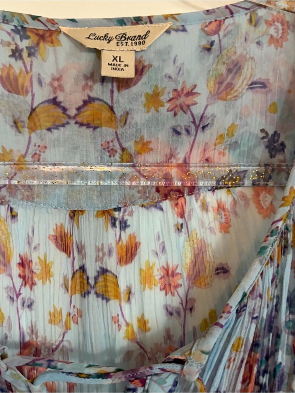 208 // Boho floral Lucky Brand semi-sheer blouse // XL - Picture 4 of 6